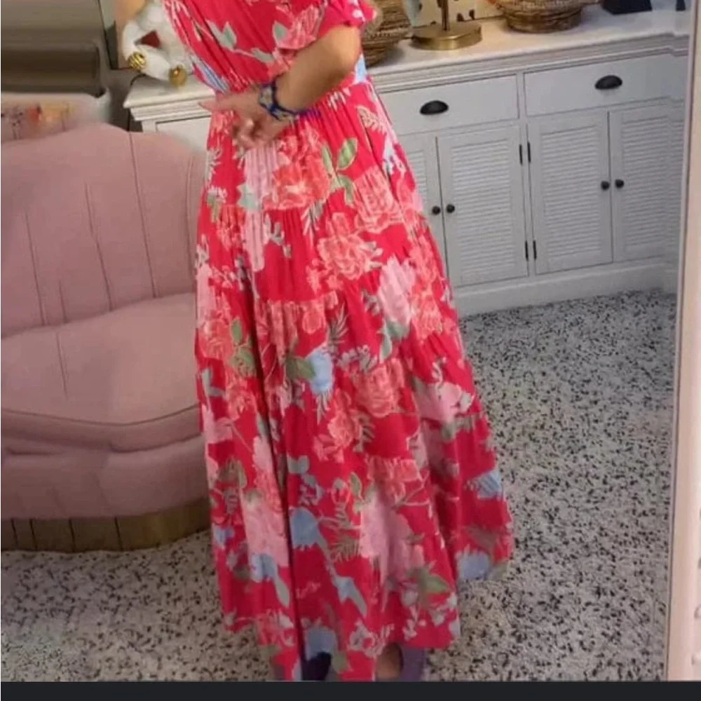 Red, colorful, floral, V-neck button, short sleeve maxi dress with waist belt - Picture 2 of 6